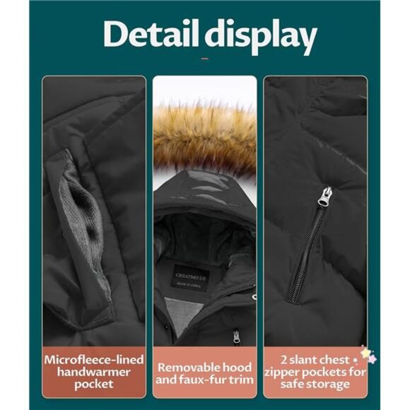 CREATMO US Boy's Winter Parka Water Resistant Hooded Puffer Fleece Lined - Picture 7 of 8